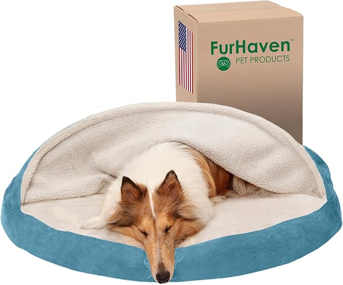 Furhaven 44" Round Orthopedic Dog Bed for Large Dogs w/ Removable Washable Cover, For Dogs Up to 80 lbs - Sherpa & Suede Snuggery - Blue, 44-inch