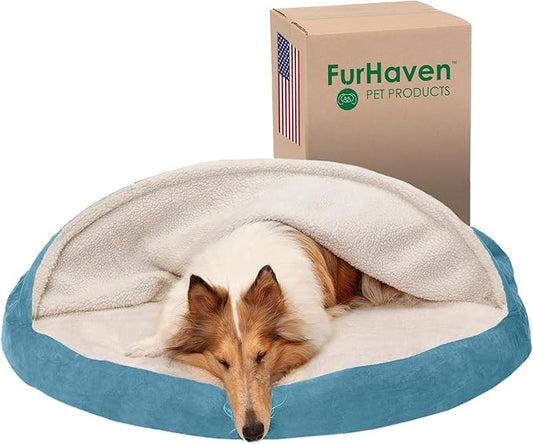 Furhaven 44" Round Orthopedic Dog Bed for Large Dogs w/ Removable Washable Cover, For Dogs Up to 80 lbs - Sherpa & Suede Snuggery - Blue, 44-inch