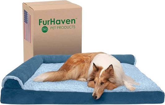 Furhaven Cooling Gel Dog Bed for Large Dogs w/ Removable Bolsters & Washable Cover, For Dogs Up to 125 lbs - Two-Tone Plush Faux Fur & Suede L Shaped Chaise - Marine Blue, Jumbo Plus/XXL