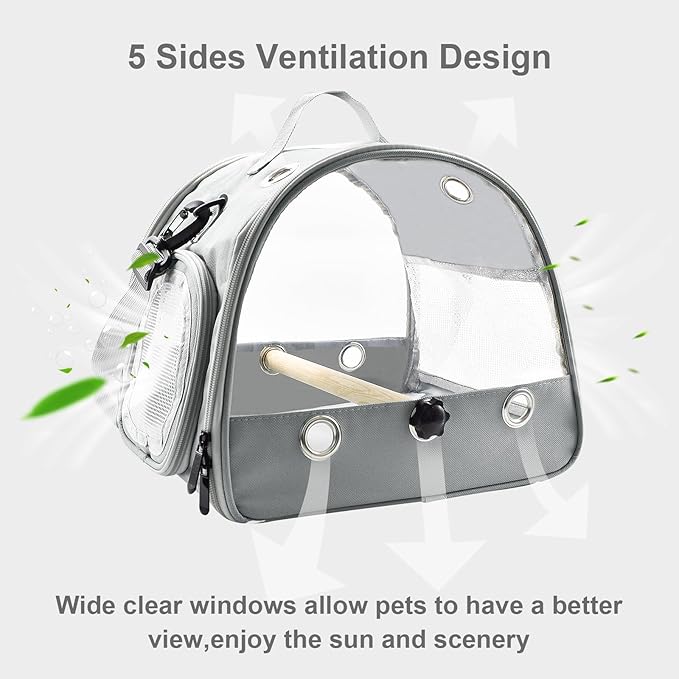 Bird Travel Carrier with Standing Perch,Lightweight Breathable Parrot Cage, Small Pet Carrier Bag with Shoulder Strap,Bird Rat Guinea Pig Squirrel Carrier (Grey)