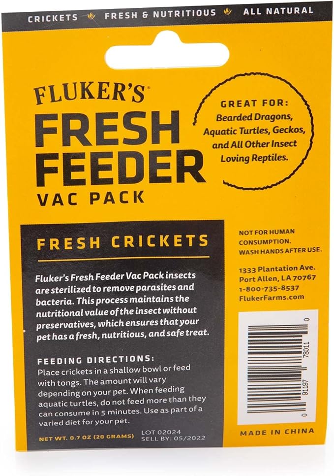 Fluker's Fresh Feeder Vac Pack Crickets, All Natural and Preservative Free, Great for Insect Eating Reptiles, Birds, or Small Animals, 0.7 oz