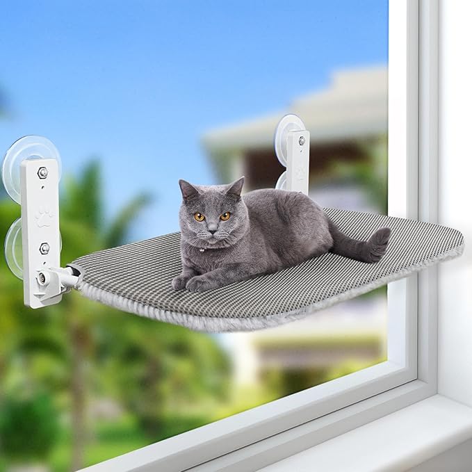 Sunhoo Cat Window Hammock Perch Cordless Perches Window Sill Seat Bed Foldable Stable Lounger Upgraded Suction Cup Easy Assembly Indoor Cats Kitty Shelf Hold Up to 55lbs (light gray, L)