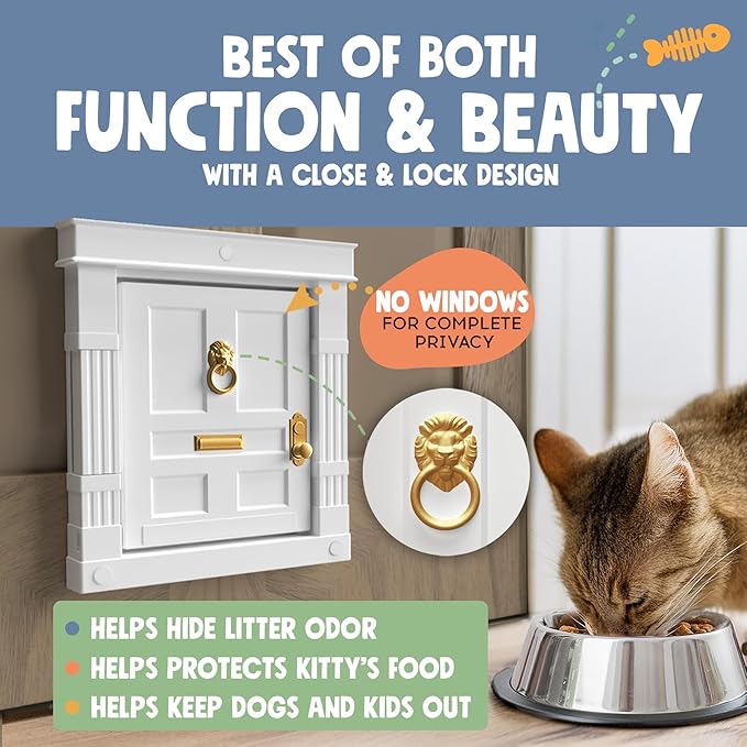 Beacon Hill Interior Cat Door White with Gold Accents - Durable Indoor Cat Door for Tall Cats or Dogs, No Flaps, Easy DIY Pet Door, Spacious Large Kitty Door for Cats Up to 20 lbs, by Purrfect Portal