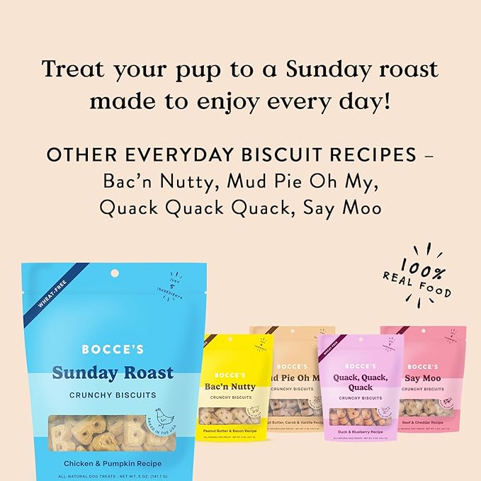 Bocce's Bakery Oven Baked Sunday Roast Treats for Dogs, Everyday Wheat-Free Dog Treats, Made with Real Ingredients, Baked in The USA, All-Natural Chicken & Pumpkin Biscuits, 5 oz