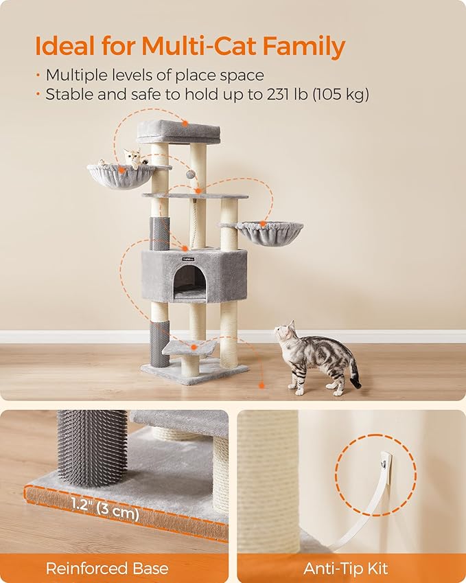 Feandrea Cat Tree for Large Cats, 63-Inch Heavy-Duty Cat Tower with Self-Warming Pads, 2 Self-Groomers, 9 Scratching Posts, Large Perch, Cave, and Baskets, Dove Gray and Cream White UPCT003N01