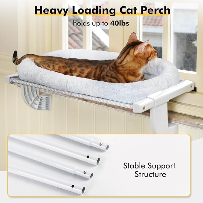 Window Sill Mount Cat Perch for Indoor Cats, One-Step Sliding Clamping Slot Adjustment Cat Hammock with Removable Two Fabrics Cover, No Suction Cups Cat Beds for Windowsill & Bedside(L-Pad Bed)