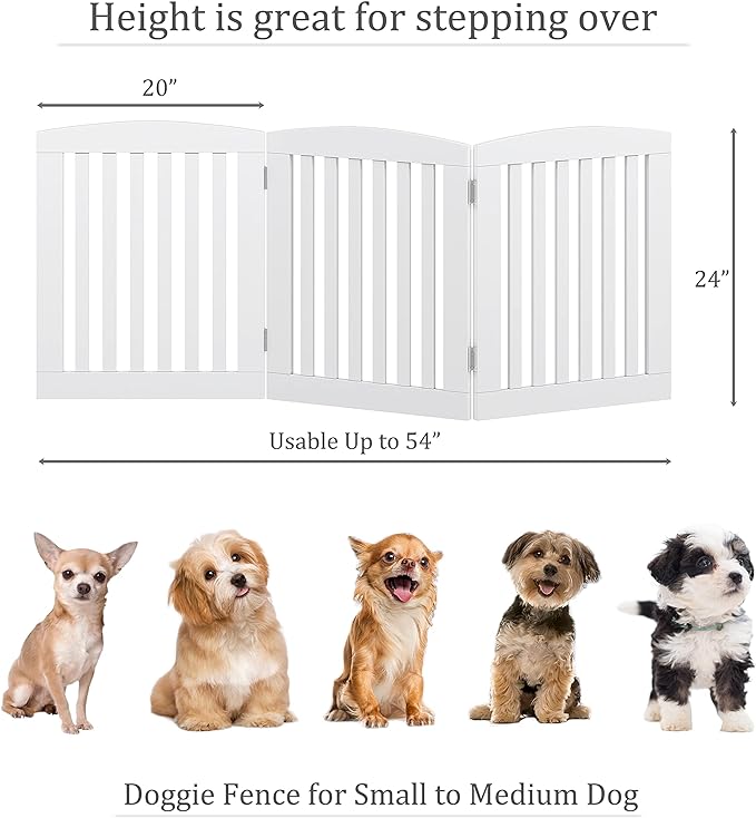 PAWLAND Wooden Freestanding Foldable Pet Gate for Dogs, 24 inch 3 Panels Step Over Fence, Dog Gate for The House, Doorway, Stairs, Extra Wide (White, 24" Height-3 Panels)