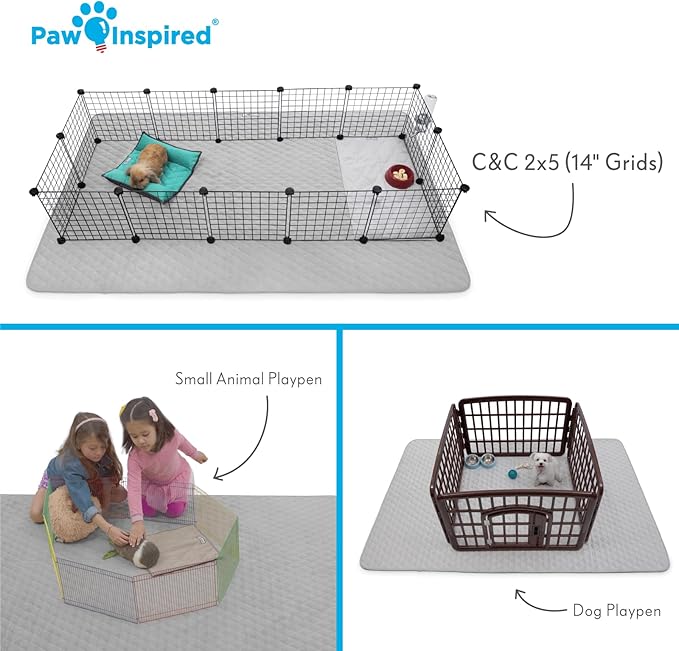 Paw Inspired 80x50” Waterproof Playpen Mat | Super Absorbent Fleece Cage Liner with Non-Slip Bottom | Pet Play Pen Pad for Dogs, Rabbits, Guinea Pigs, Hamsters, Small Animals (Light Gray)