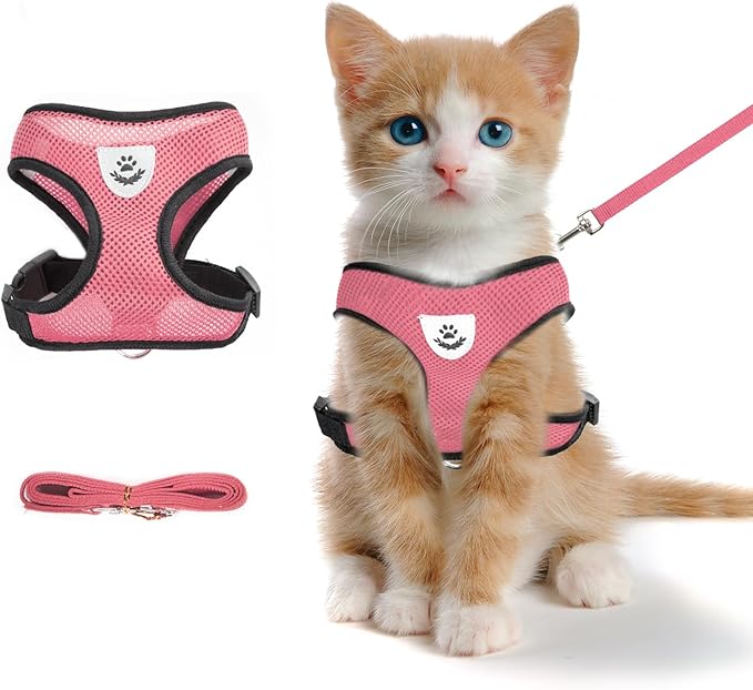 Summer cat Chest Harness and Leash, Anti-Escape Adjustable Soft mesh cat Leash and Chest Harness Set for All Types of Cats cat Vests (Size S,Pink)