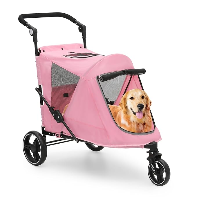 MoNiBloom Pet Stroller for Large Dogs or Multiple Dogs Cats with Adjustable Handle, 3-Wheels Dual Entry Portable Dog Carting Easy Folding Pet Wagon Double Dog Stroller up to 55 lbs, Pink