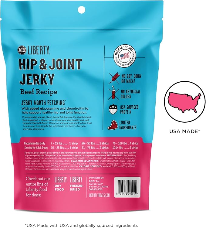 BIXBI Liberty Functional Healthy Hip And Joint Dog Jerky Treats, Beef Recipe, 5 Ounce