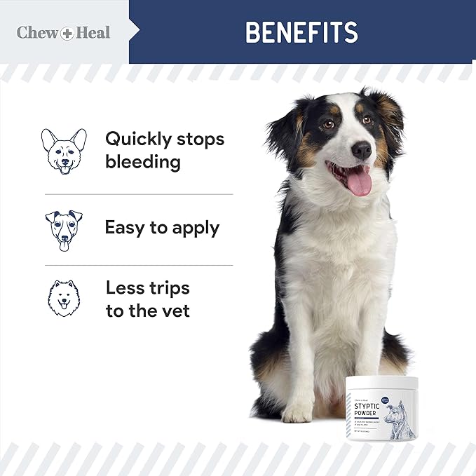 Chew + Heal Labs Styptic Powder for Dogs, Cats, and Other Animals - .5 oz - Quick Stop Bleeding Powder for Clipping Nails, and Other Minor Cuts - Blood Stop Powder