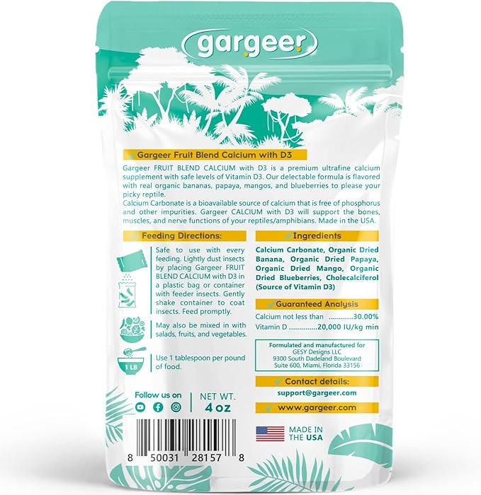 4oz All Reptile Calcium with Vitamin D3, Phosphorus-Free, Ultrafine Powder. Pure dust, Real Fruits Blend Flavored Ready to Use Supplement, for Lizards & Amphibians. Made in The USA. Enjoy !