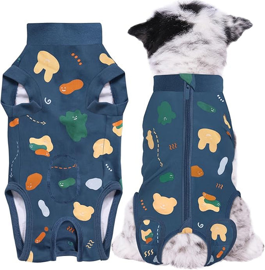 Recovery Suit for Dogs, Dog Surgery Recovery Suit with Zipper Closure Post Spay, Neuter, Abdominal Surgical Suit for Male Female Dogs Can Pee, Prevent Licking Dog Onesies, Blue Bear, M