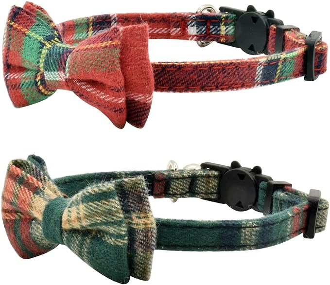 Cat Collar Breakaway with Bell and Bow Tie, Plaid Design Adjustable Safety Kitty Kitten Collars(6.8-10.8in)(Christmas Red&Green)