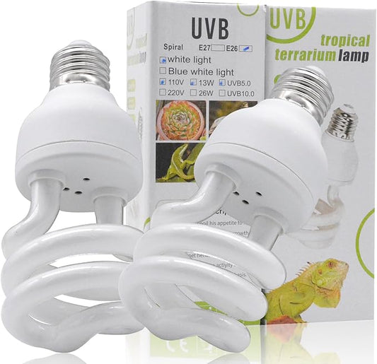 UVB Reptile Light Bulb 5.0 13W, UVA-UVB Bulbs for Reptiles Ideal for Rainforest Reptiles Bearded Dragons Lizard Tortoise Iguanas Chameleons Snake - 2 Pack