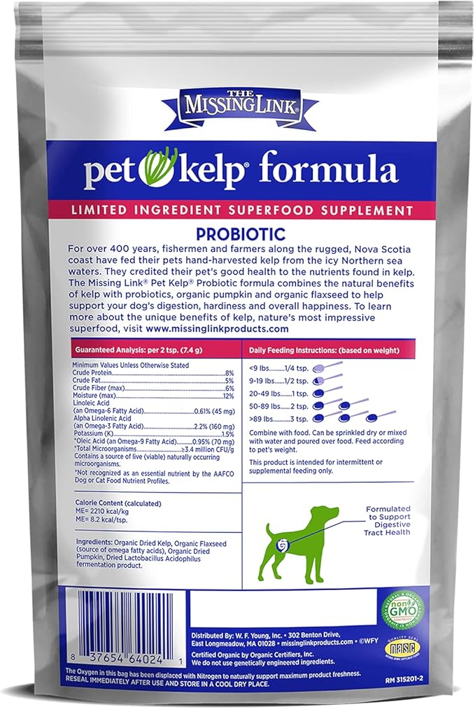 The Missing Link Pet Kelp Canine Probiotic 8oz Superfood Powdered Supplement, Organic & Limited Ingredient Formula for Digestive Health of Dogs