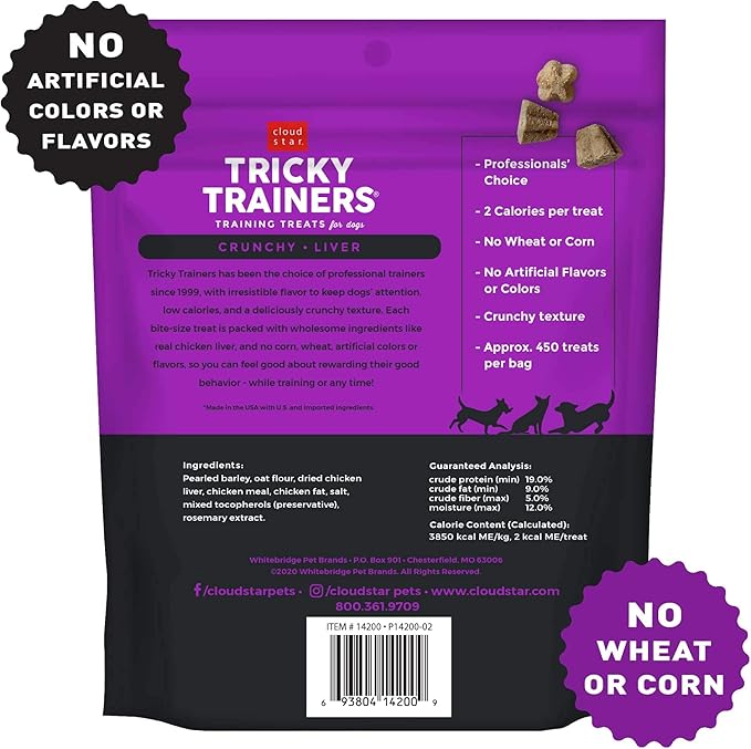 Cloud Star Tricky Trainers Crunchy Dog Training Treats 8 oz Pouch, Chicken Liver Flavor, Low Calorie Behavior Aid with 450 treats