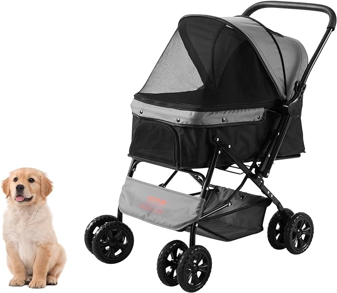 VEVOR Dog Cat Stroller for Medium Small Dogs Cats Up to 44lbs, 4 Wheel Foldable Pet Stroller with Reversible Handle, Portable Lightweigh Puppy Doggy Doggie Jogging Stroller with Storage Basket