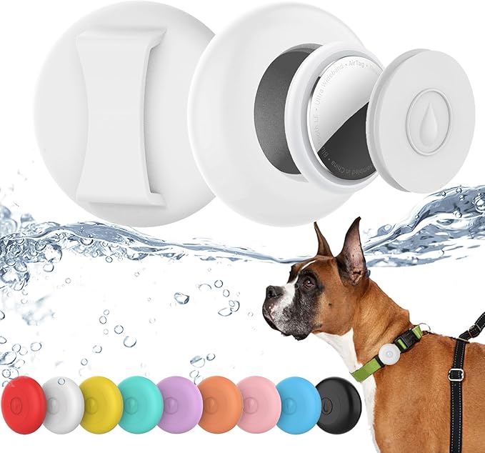 IPX8 Waterproof AirTag Dog Collar Holder, Hidden Air Tag Case for Cat Collar, Anti-Lost Silicone Cover for AirTag GPS Tracker Compatible with Pets Loop, Fits All Width Collars(White M)