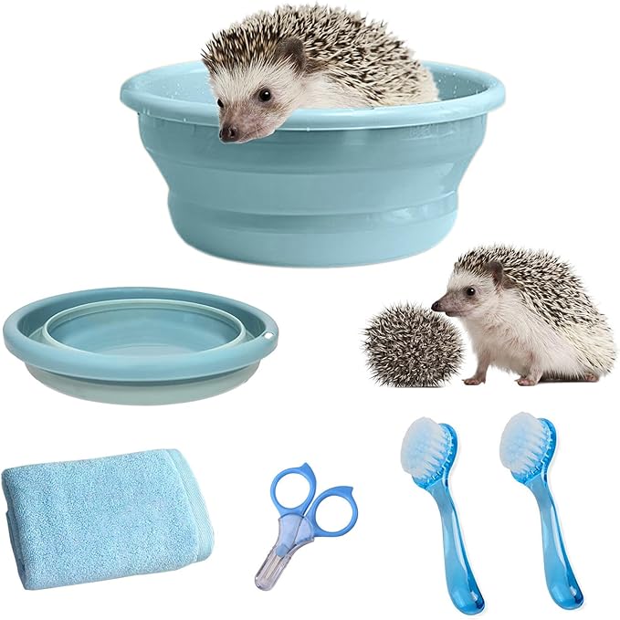 Hedgehog Supplies Hedgehog Bath Kit Plastic Foldable Hedgehog Bathtub, Hedgehog Nail Clippers, 2PCS Bathing Brush, Bath Towel, Pet Guinea Pig Bath for Small Animal