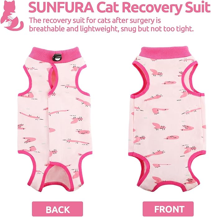 SUNFURA Cat Recovery Suit, Kitten Surgical Full Bodysuit for Abdominal Wound Protector Anti Licking After Surgery, Professional Bandages Cone E-Collar Alternative for Small Male & Female Pets