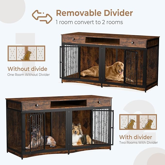71'' Dog Crate Furniture for 2 Dogs, Wooden Double Dog Crate Large Breed with 2 Drawers, XXL Dog Kennel TV Stand End Table with Divider Cushion for Large Medium Dogs, Brown