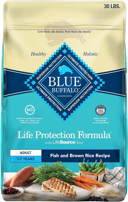 Blue Buffalo Life Protection Formula Adult Dry Dog Food, Helps Build and Maintain Strong Muscles, Made with Natural Ingredients, Fish & Brown Rice Recipe, 30-lb. Bag