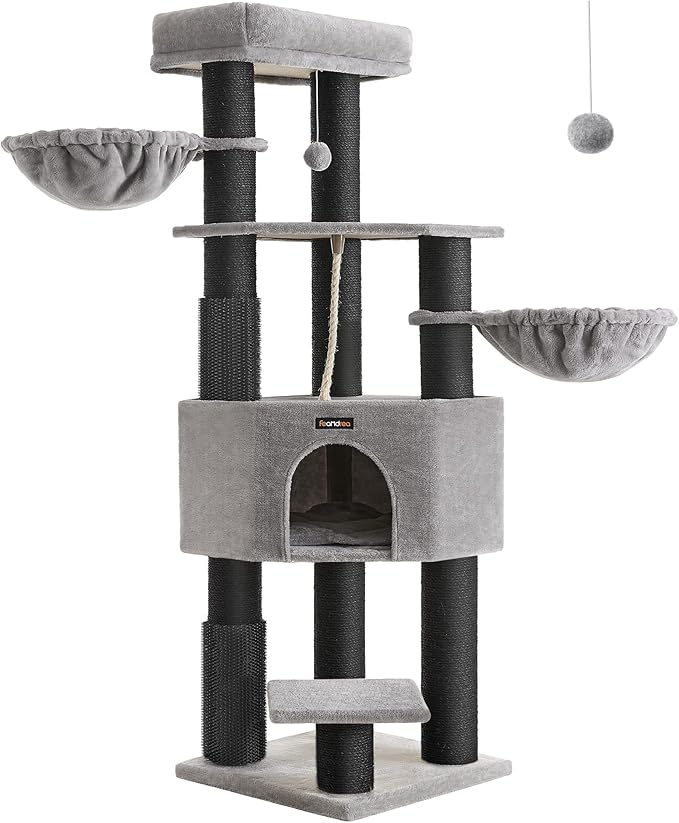 Feandrea Cat Tree for Large Cats, 63-Inch Heavy-Duty Cat Tower with Self-Warming Pads, 2 Self-Groomers, 9 Scratching Posts, Large Perch, Cave, and Baskets, Dove Gray and Black UPCT003W01