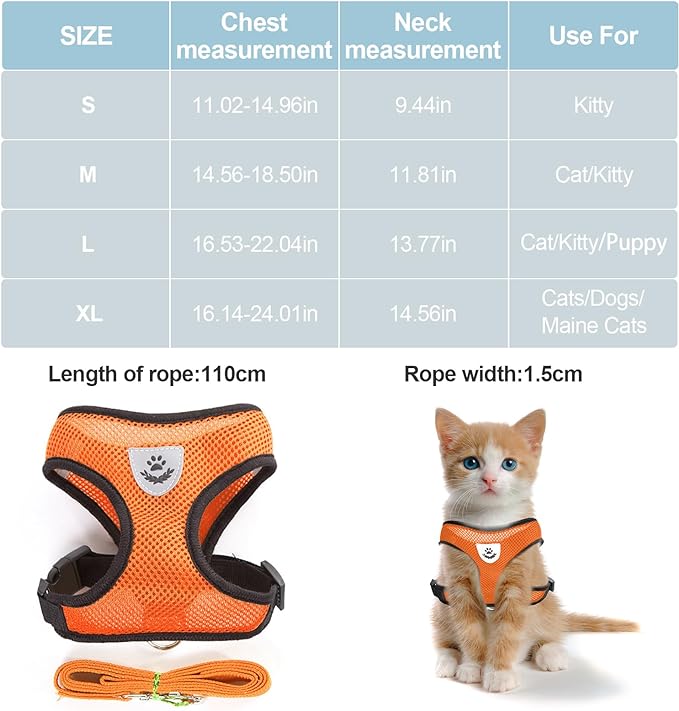 Summer cat Chest Harness and Leash, Anti-Escape Adjustable Soft mesh cat Leash and Chest Harness Set for All Types of Cats cat Vests (Size S, Orange)