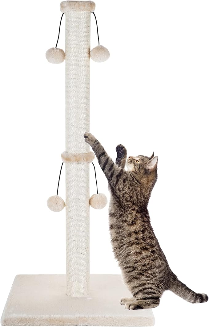 Dimaka 34'' Cat Scratching Post, Cat Scratching Post, Cat Scratcher for Large Cats with Teasing Toy Ball, Natural Sisal White and Grey (Beige)