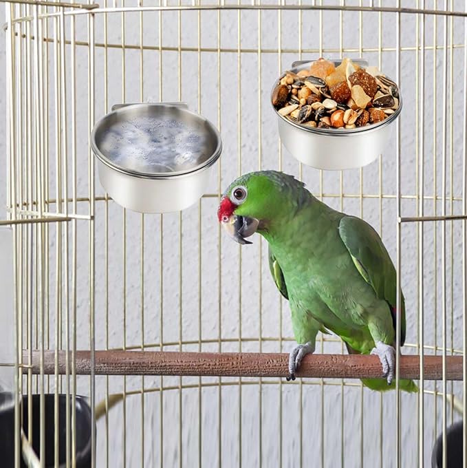 2 Pack Stainless Steel Bird Bowls for Cage Parrot Food Water Bowl Bird Feeding Dish Cups Parrot Food Water Feeder Pet Hanging Bowl Crate Coop Cups with Clamp Holder for Small Animal Dog Parakeet