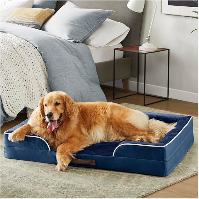 Friends Forever Orthopedic Dog Bed, Bolster Dog Bed with Memory Foam Dog Couch Sofa and Removable Washable Cover, Ally Navy, 42x32x7
