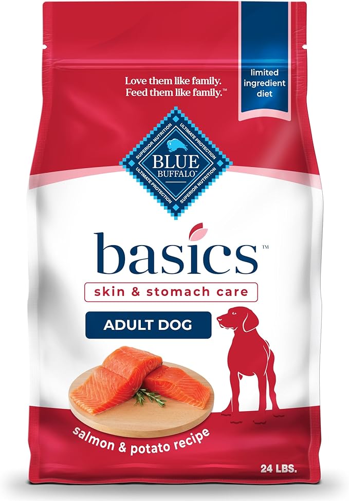 Blue Buffalo Basics Adult Dry Dog Food, Skin & Stomach Care, Limited Ingredient Diet for Dogs, Salmon Recipe, 24-lb. Bag