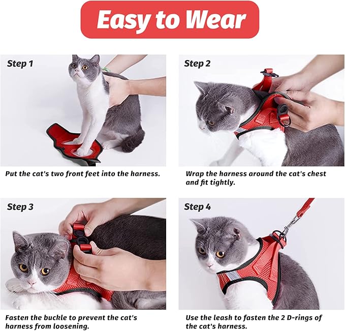 Cat Harness and Leash Set for Walking Escape Proof, Kitten Harness and Leash Adjustable, Small Large Cat Walking Harness and Leash, Lightweight Soft Vest Harness and Leash(Large, Red)