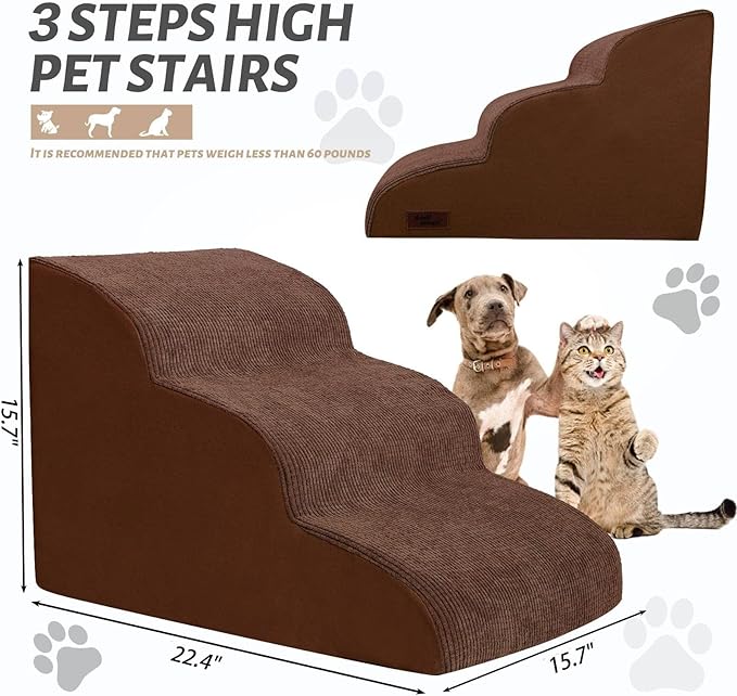 Dog Ramp for Couch Or Bed, 3-Step Dog Stairs & Steps for Small Dogs and Old Cats, Soft and Non-Slip Pet Steps, Suitable for Short-Legged Dogs, Injured Pets