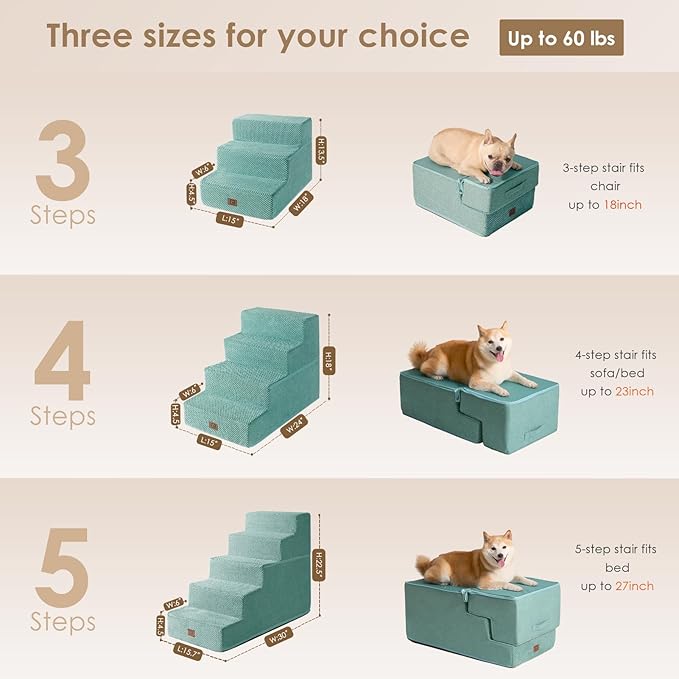 EHEYCIGA Dog Stairs for Small Dogs 13.5" H, 3-Step Dog Steps for Couch Sofa and Chair, Pet Steps for Small Dogs and Cats, Non-Slip Balanced Dog Indoor Ramp, Teal