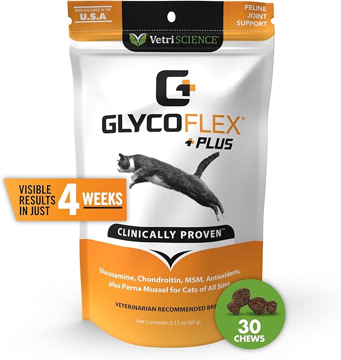 VetriScience GlycoFlex Plus, Clinically Proven Joint Support Cat Supplements - Joint Health Supplement with Glucosamine, Chondroitin, MSM, and DMG - 30 Chews, Fish Flavor