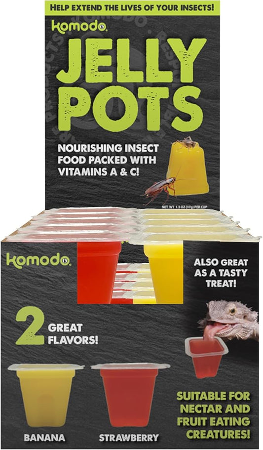 Komodo Jelly Pots Mixed Fruit Flavor Insect Food | Individually Portioned | Provides Nutrition & Hydration for Fruit-Eating Reptiles 20 Count Display (37g per Cup)