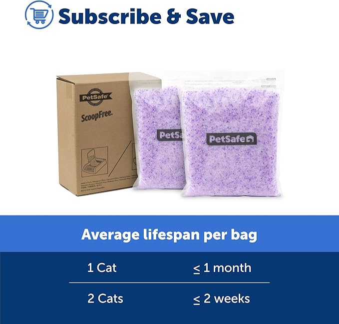 PetSafe ScoopFree Premium Lavender Crystal Cat Litter, 2-Pack – Lightly Scented Litter – Superior Odor Control – Low Tracking for Less Mess – Lasts Up to 1 Month, 8.6 lbs total (2 Pack of 4.3 lb bags)