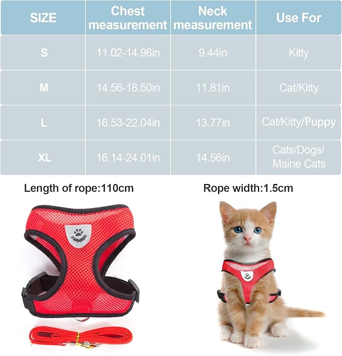 Summer cat Chest Harness and Leash, Anti-Escape Adjustable Soft mesh cat Leash and Chest Harness Set for All Types of Cats cat Vests (Size L,Red)