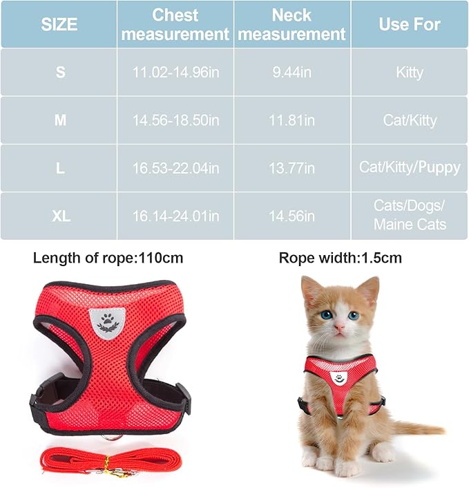 Summer cat Chest Harness and Leash, Anti-Escape Adjustable Soft mesh cat Leash and Chest Harness Set for All Types of Cats cat Vests (Size S,Red)