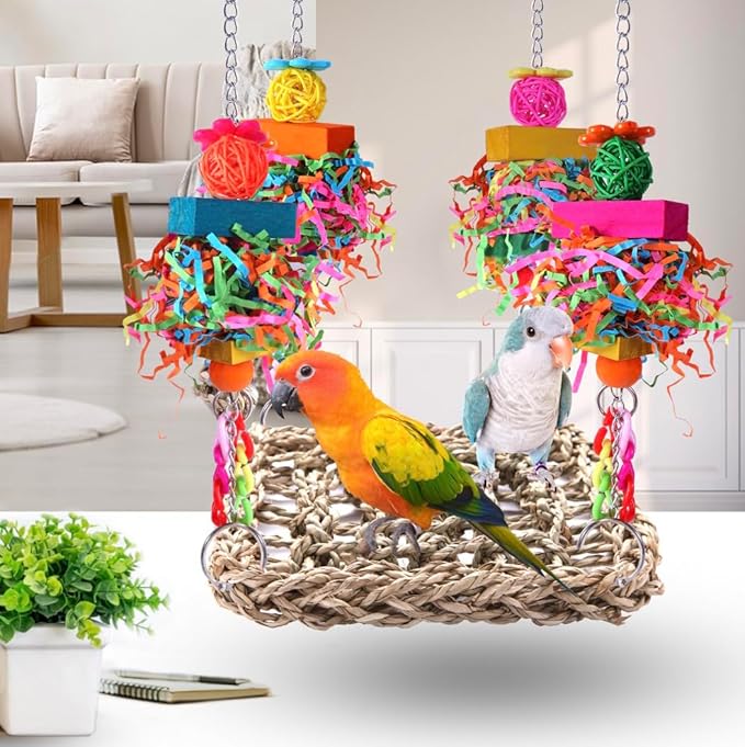 Parakeet Toys Bird Toys Conure Toys Birdcage Stands Bird Foraging Wall Seagrass Woven Hammock Swing Mat for Lovebirds,Cockatiel,Budgie and other Small to Middle Birds