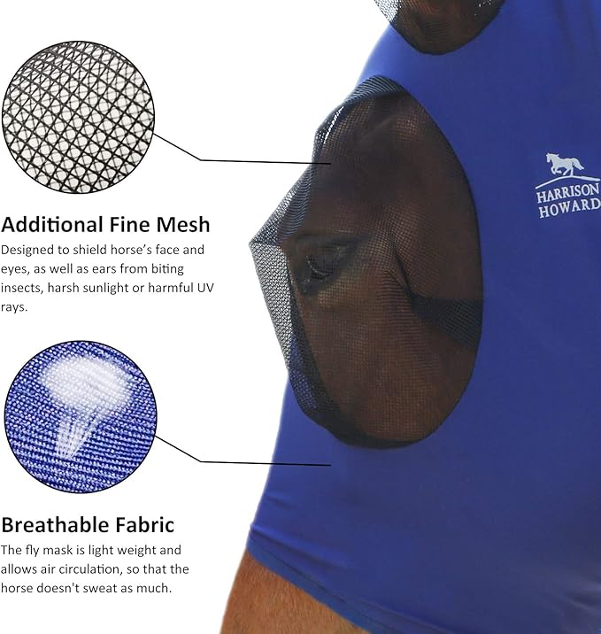 Harrison Howard Super Comfort Stretchy Fly Mask Large Eye Space with UV Protection Soft on Skin with Breathability Deep Blue XL