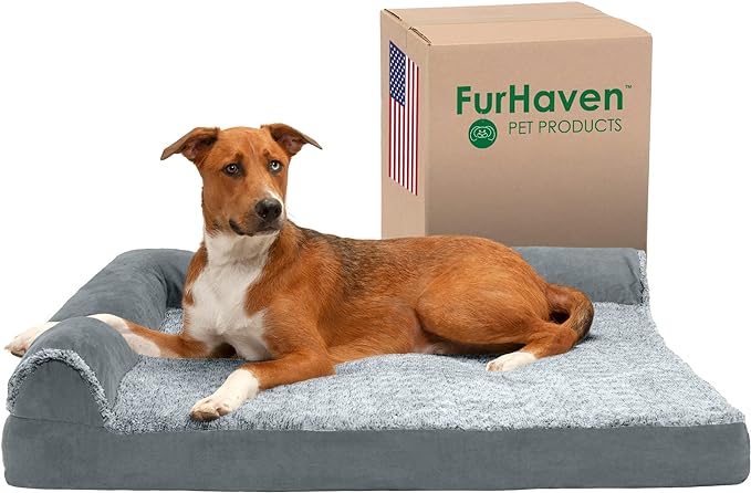 Furhaven Cooling Gel Dog Bed for Large Dogs w/ Removable Bolsters & Washable Cover, For Dogs Up to 95 lbs - Two-Tone Plush Faux Fur & Suede L Shaped Chaise - Stone Gray, Jumbo/XL