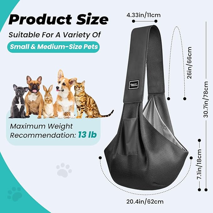 Dog Carrier Sling, Hand-Free Dog Sling Carrier for Small Dogs and Cats，Travel Safety Puppy Bag (Black)