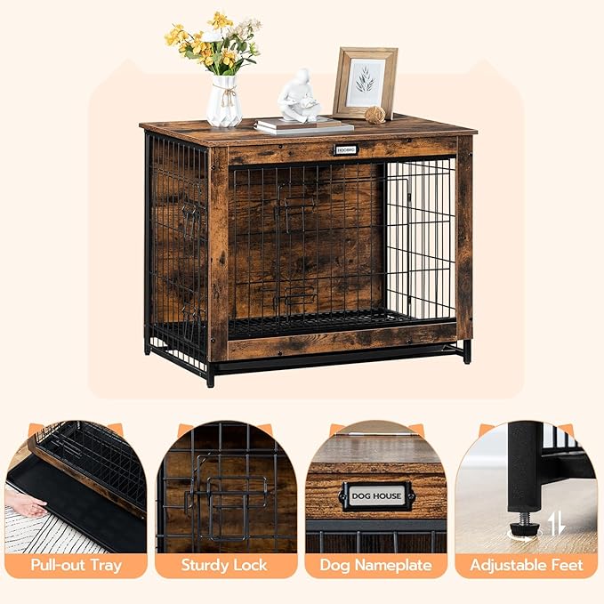 Dog Crate Furniture, 25.5" Small Dog Kennel Indoor, Wooden Dog Crate with Pull-Out Tray, Double Doors Dog House, Modern Side End Table for Small/Medium Dog, Rustic Brown BF642GW03G1