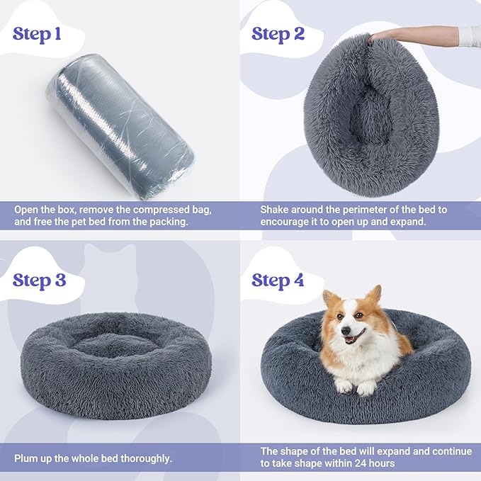 rabbitgoo Calming Dog Bed for Small Medium Dog, 30 inches Pet Bed Machine Washable, Non-Slip Round Fluffy Plush Faux Fur Large Cat Bed, Soft Donut Cuddler Cushion for Small Dog, Dark Grey