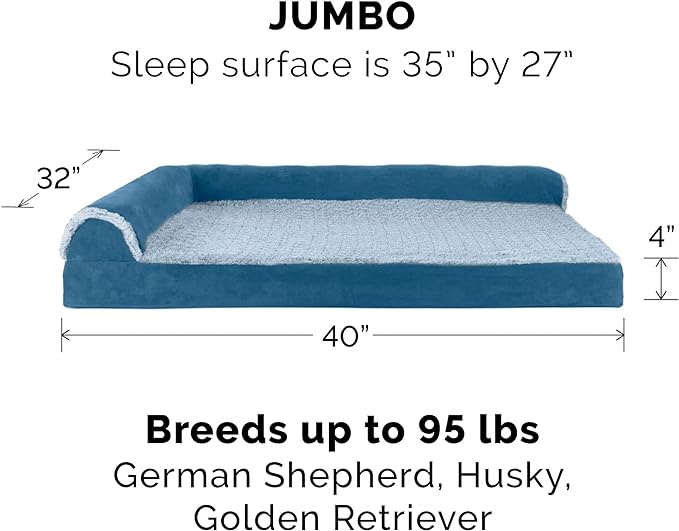 Furhaven Memory Foam Dog Bed for Large Dogs w/ Removable Bolsters & Washable Cover, For Dogs Up to 95 lbs - Two-Tone Plush Faux Fur & Suede L Shaped Chaise - Marine Blue, Jumbo/XL