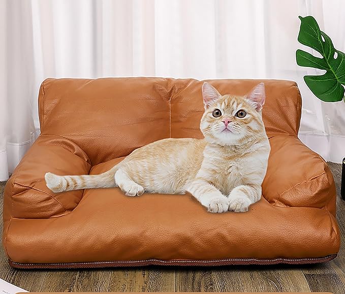 Pet Sofa Bed, Vintage Cat Puppy Faux Leather Couch with Non-Slip Bottom for Cats or Small Dog Chair (Brown)
